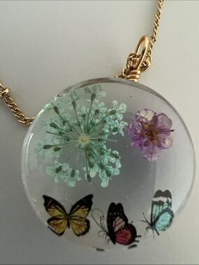 ZAD Gold Floral Resin Disc Necklace with Green and Purple Accents